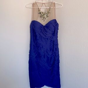 Adrianna Pappell Blue Ruched Evening Wedding Guest Dress with Jewled Neckline